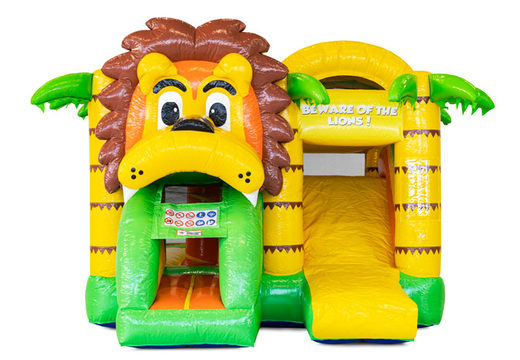 Order covered inflatable Mini Multiplay bouncy castle with slide in theme Lion for children. Buy inflatable bouncers now at JB Inflatables America