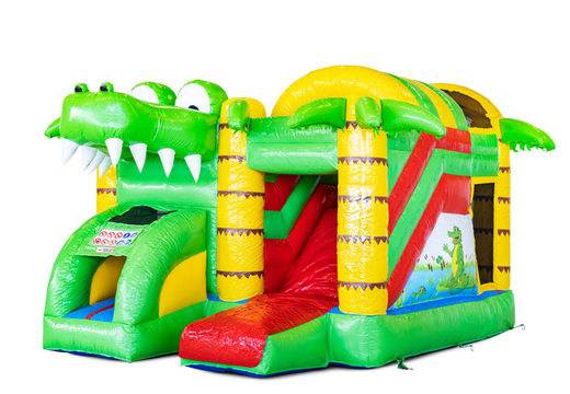 Buy covered inflatable Mini Multiplay bouncy castle with slide in Crocodil theme for children. Order now inflatable bouncy castles at JB Inflatables America