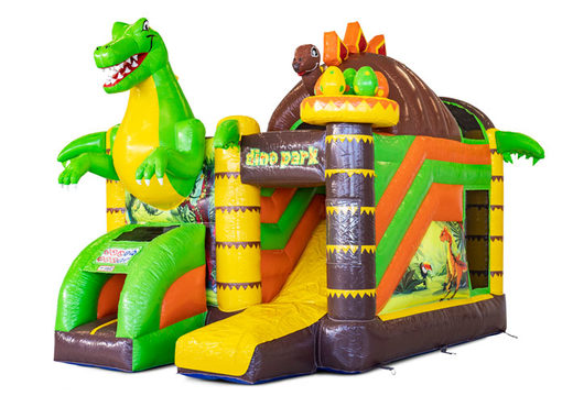 Buy covered inflatable Mini Multiplay bouncy castle with slide in theme Dino for children. Order now inflatable bouncy castles at JB Inflatables America