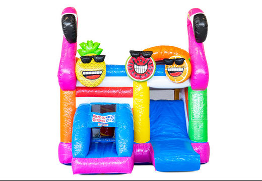 Order covered inflatable Mini Multiplay bouncy castle with slide in theme Flamingo for children. Buy inflatable bouncers now at JB Inflatables America