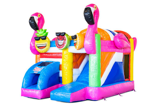 Buy covered inflatable Mini Multiplay bouncy castle with slide in theme Flamingo for children. Order now inflatable bouncy castles at JB Inflatables America