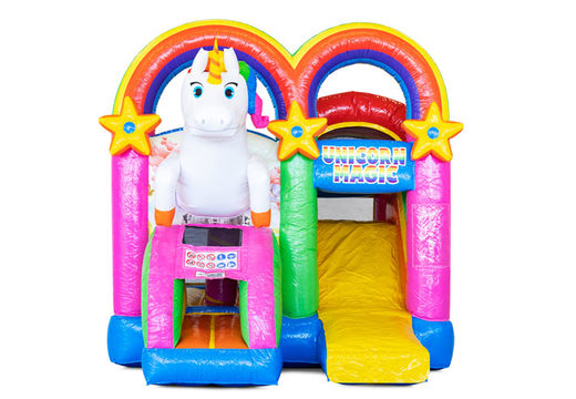 Order covered inflatable Mini Multiplay bouncy castle with slide in Unicorn theme for children. Buy inflatable bouncers now at JB Inflatables America