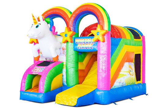 Buy covered inflatable Mini Multiplay bouncy castle with slide in Unicorn theme for children. Order now inflatable bouncy castles at JB Inflatables America