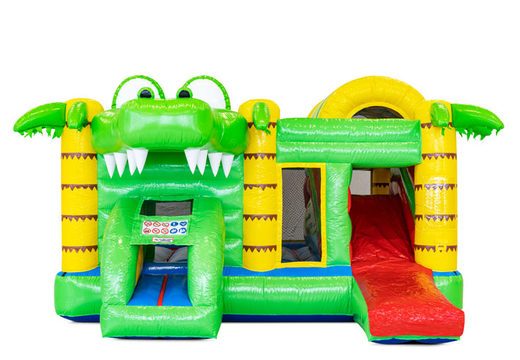 Order inflatable Multiplay air cushion with slide in Crocodil theme for children. Buy inflatable air cushions online at JB Inflatables America