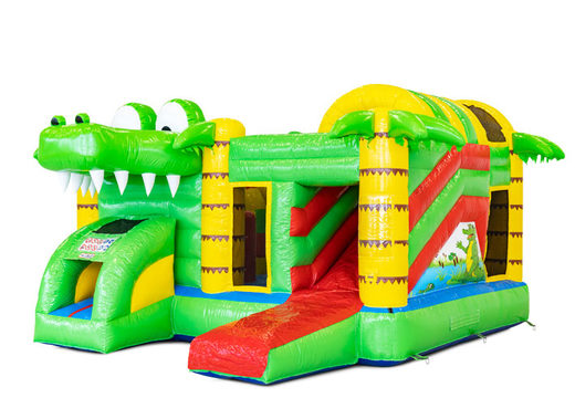 Buy inflatable Multiplay air cushion with slide in Crocodil theme for children. Order inflatable air cushions online at JB Inflatables America
