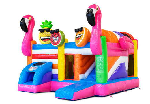 Buy inflatable Multiplay air cushion with slide in theme Flamingo for children. Order inflatable air cushions online at JB Inflatables America