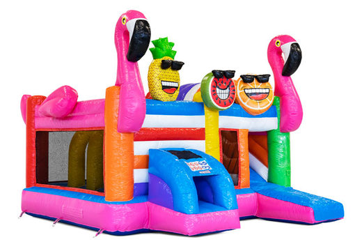 Buy an inflatable Multiplay bouncy castle with slide in the Flamingo theme for children. Order inflatable bouncy castles online at JB Inflatables America