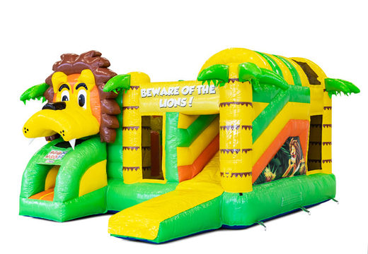 Buy inflatable Multiplay air cushion with slide in the Lion theme for children. Order inflatable air cushions online at JB Inflatables America