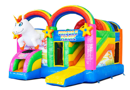 Buy inflatable Multiplay air cushion with slide in Unicorn theme for children. Order inflatable air cushions online at JB Inflatables America
