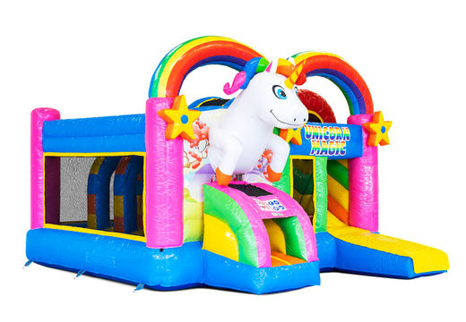 Buy an inflatable Multiplay bouncy castle with slide in the Unicorn theme for children. Order inflatable bouncy castles online at JB Inflatables America