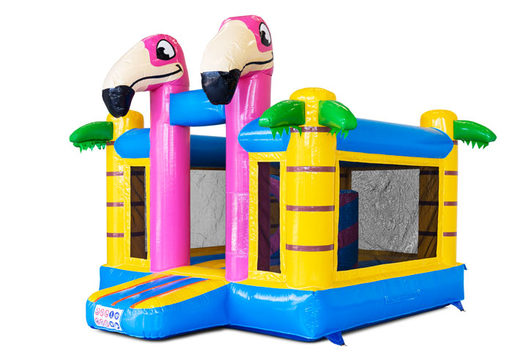 Flamingos and palm trees on tropical bouncy castle