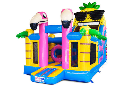 Cheerful color bouncy castle with obstacles and slide for children's fun