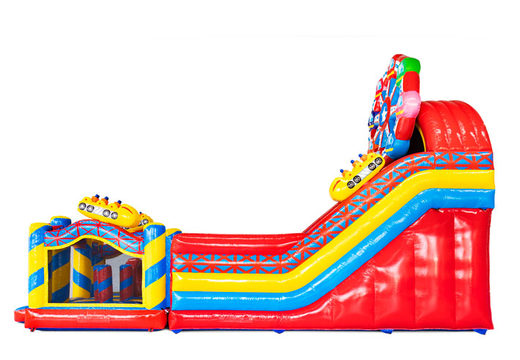 Side view of Multiplay 4-in-1 bouncy castle slide in rollercoaster theme