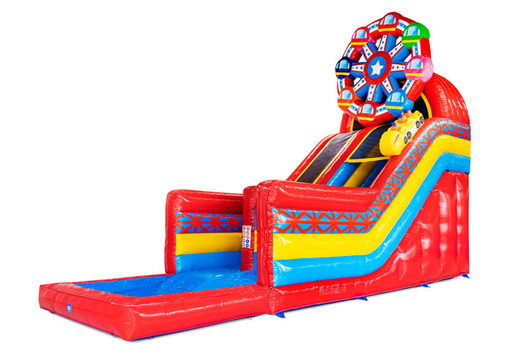 Bounce house with rollercoaster theme, featuring a Ferris wheel and rollercoaster cart